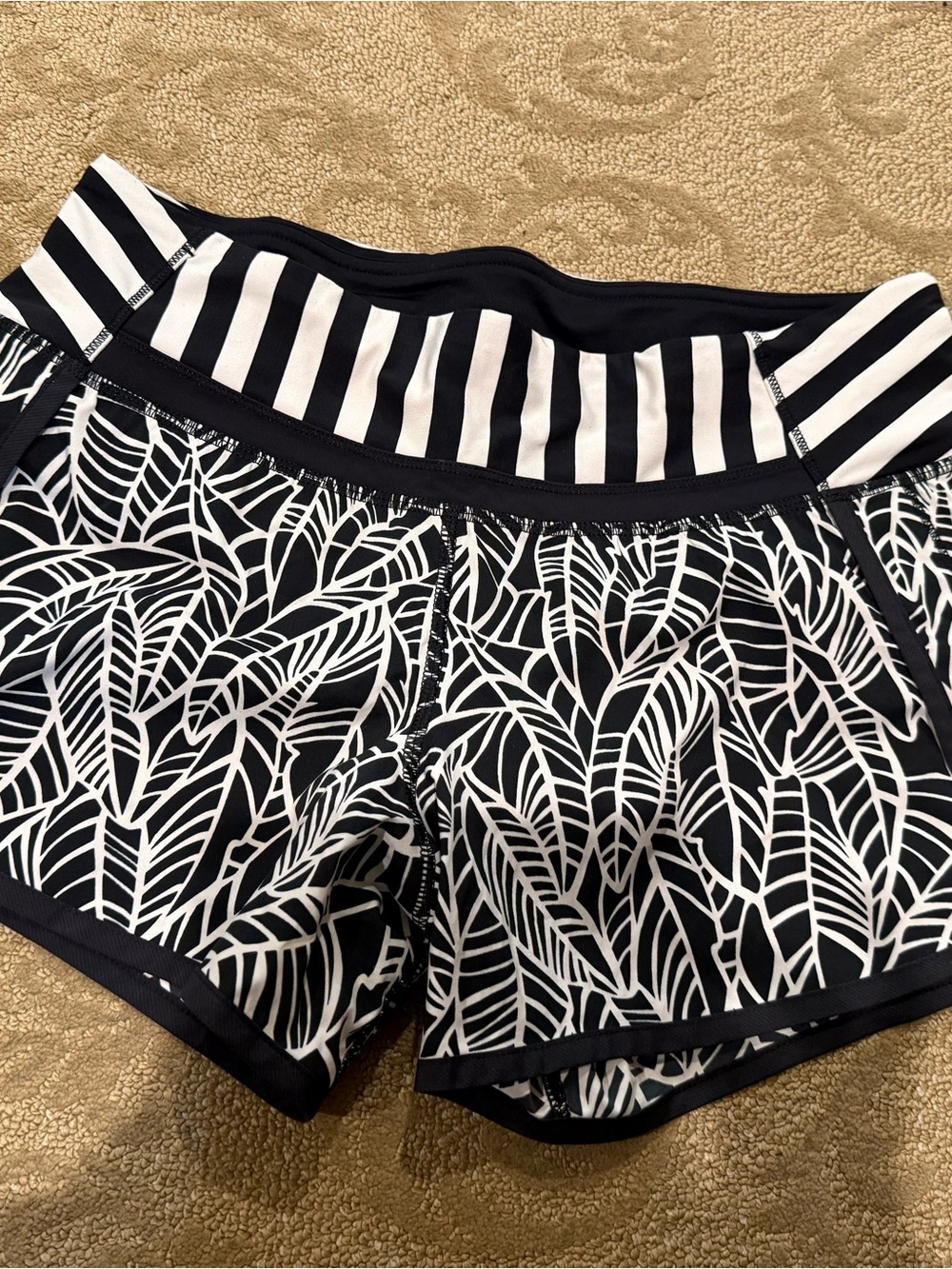 lululemon athletica Black & White Leaf-Print Athletic Shorts